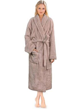 〽️Women's Bathrobe Taupe Fleece Luxury Soft Warm Fluffy Sherpa Shaggy Robes